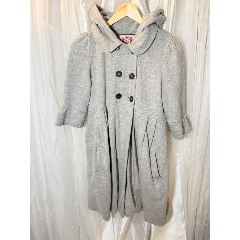 Y2K Juicy Couture Hooded Pea Coat Womens S Gray Pleated Ruffle Sleeve